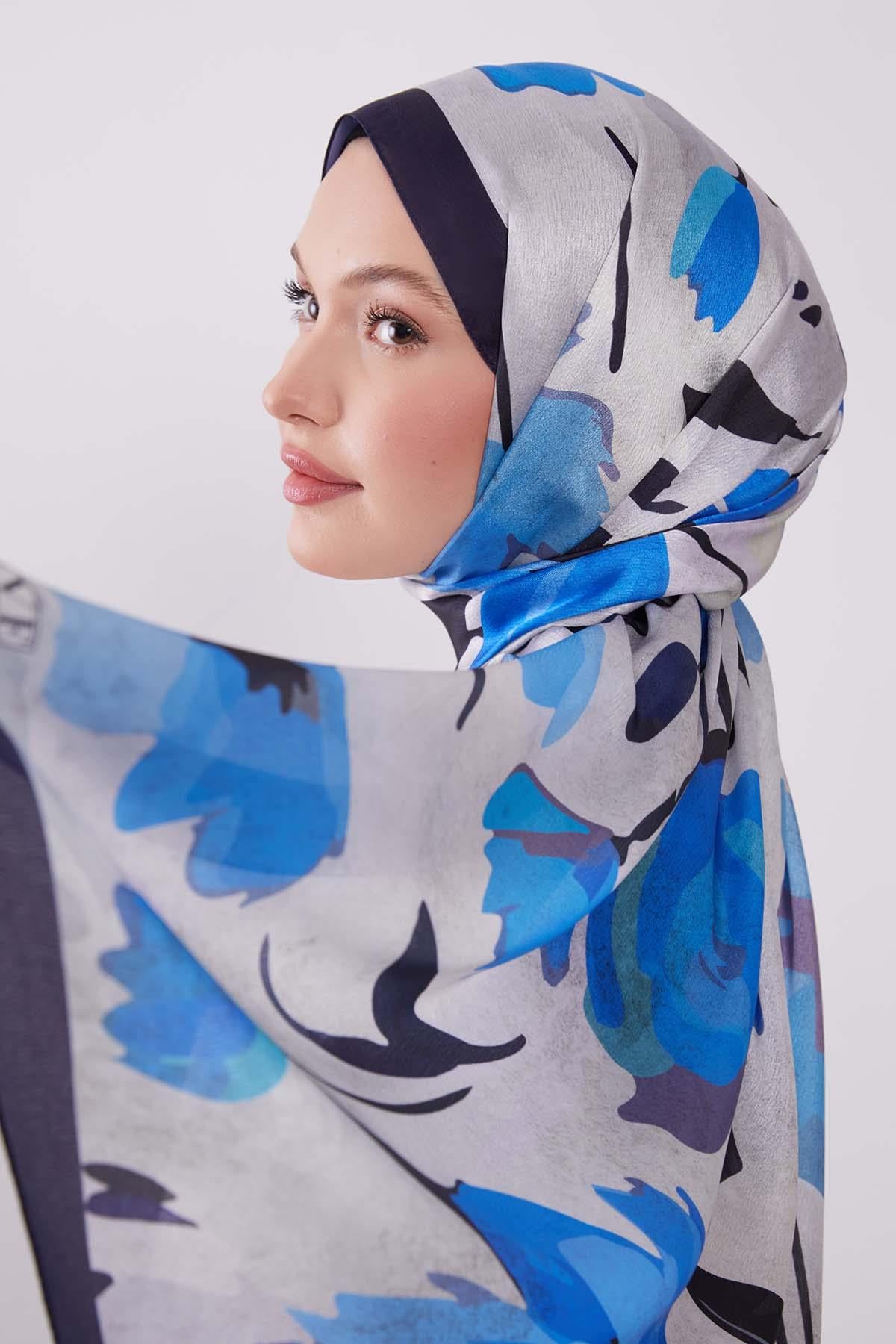 Fivescarf Mavi Somut Çiçek Desenli Vual İpek Şal