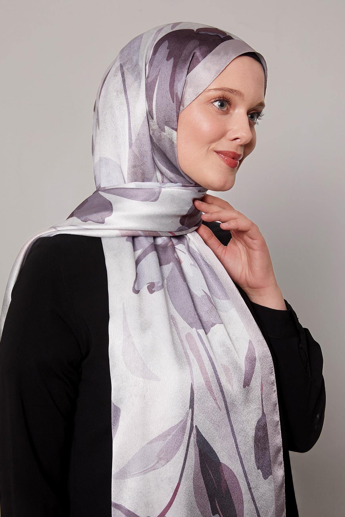 Fivescarf Menekşe Somut Çiçek Desenli Vual İpek Şal