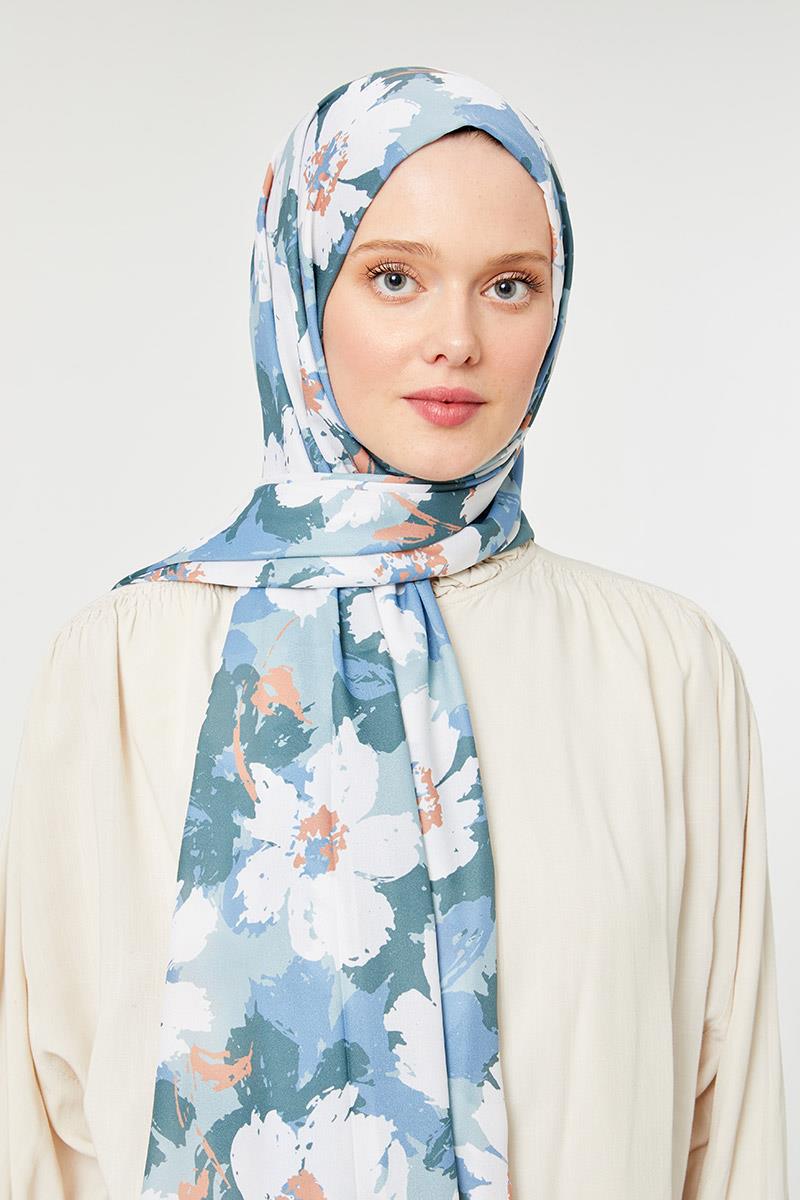 Fivescarf Mint Yeşili Büyük Çiçek Desenli Mono Şal
