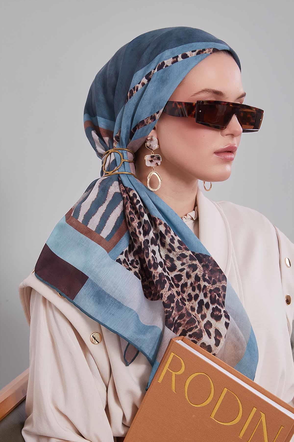 Fivescarf Mint Yeşili Kenar Leopar Desenli Slik Coton Eşarp