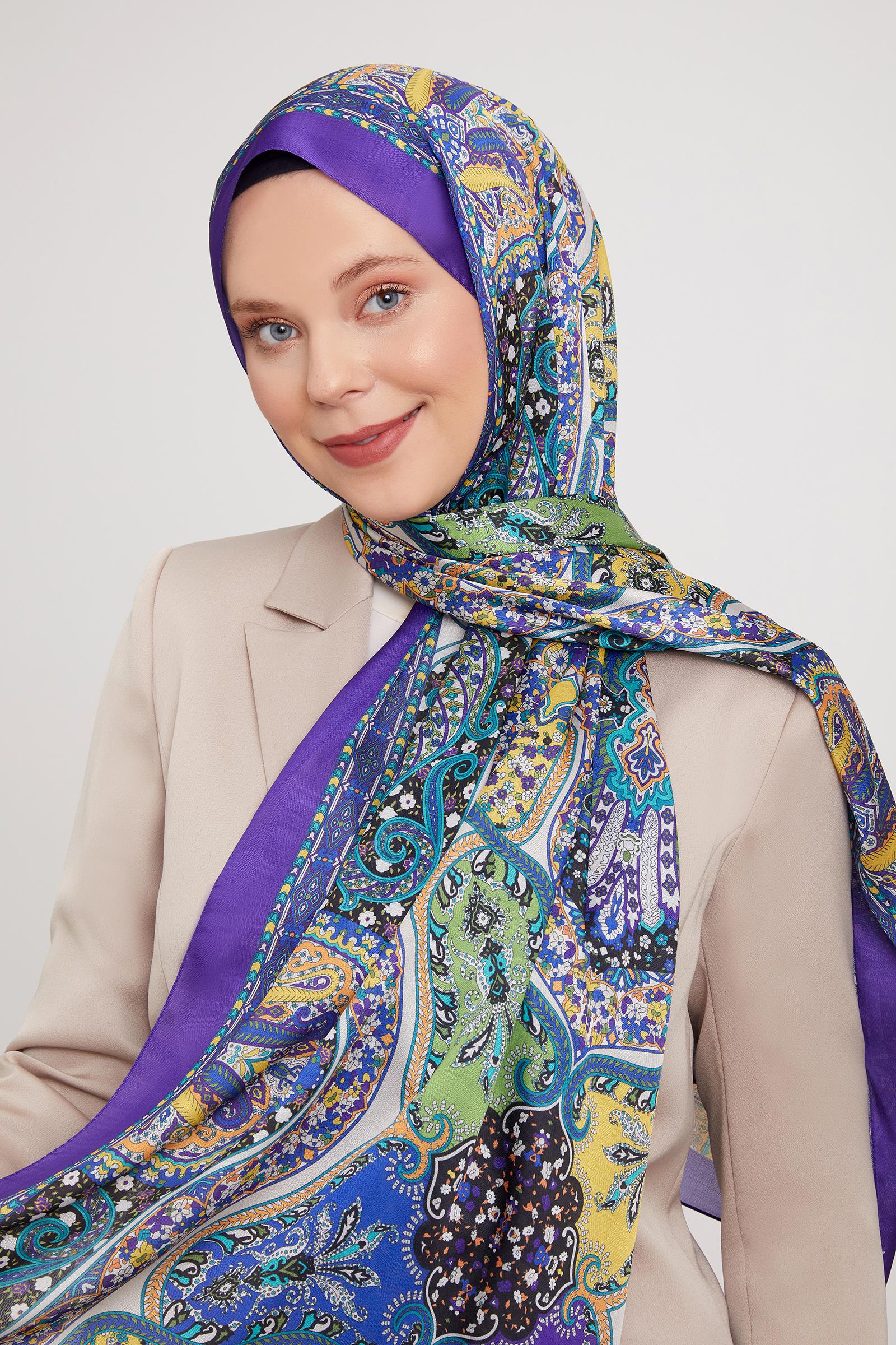 Fivescarf Mor Etnik Baskılı Vual İpek Şal