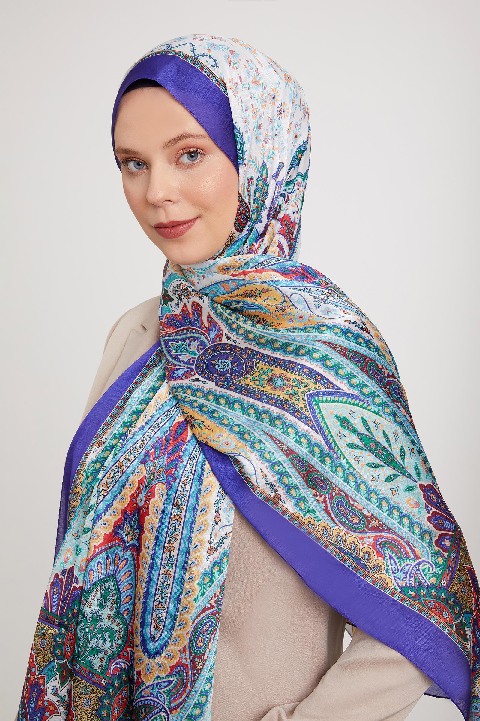 Fivescarf Mor Etnik Desen Vual İpek Şal