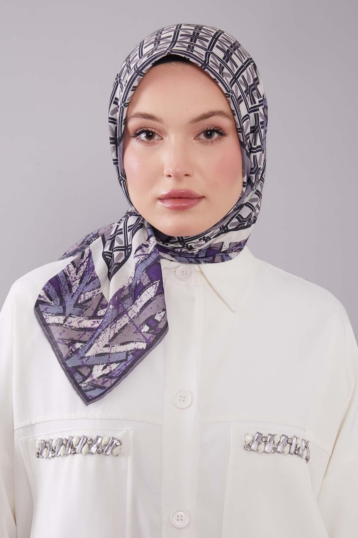 Fivescarf Mor Geometri Desen Silk Cotton Eşarp