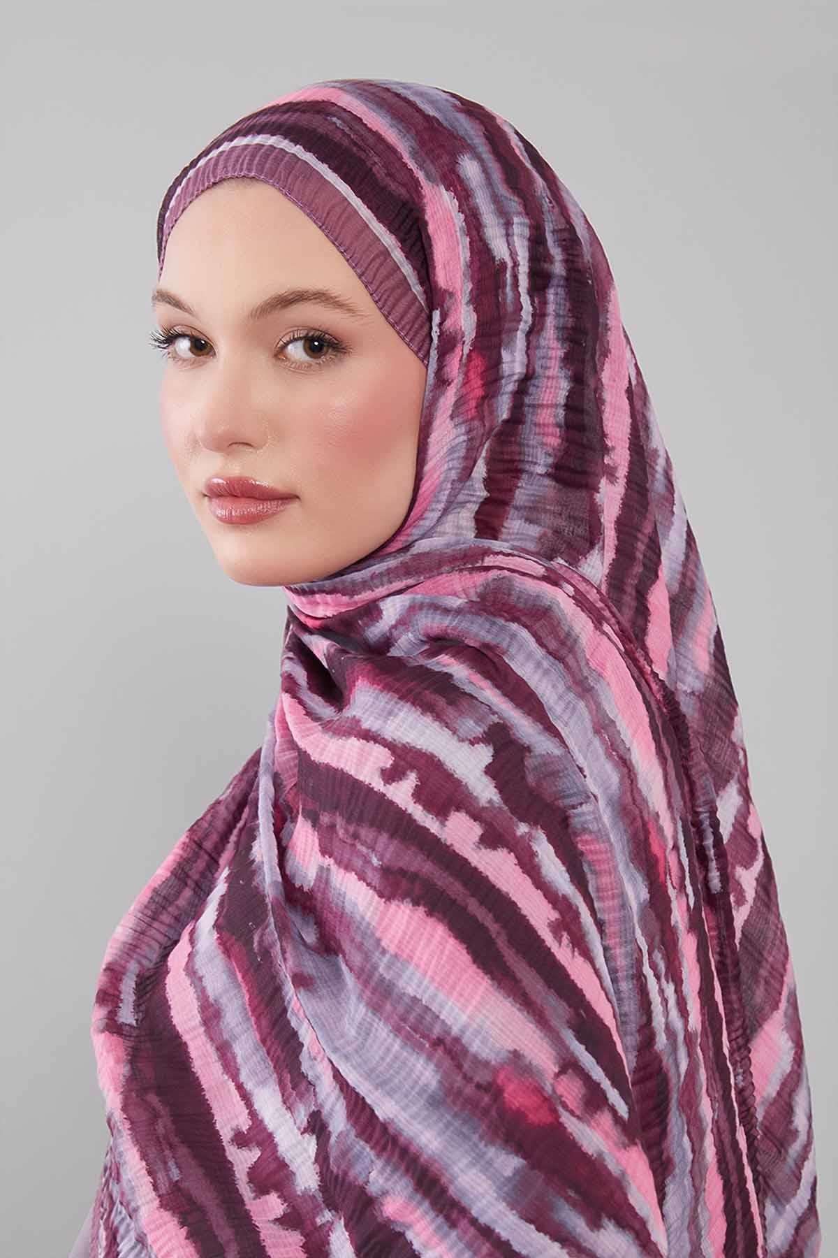 Fivescarf Mor Harmal Desen Müslin Cotton Şal