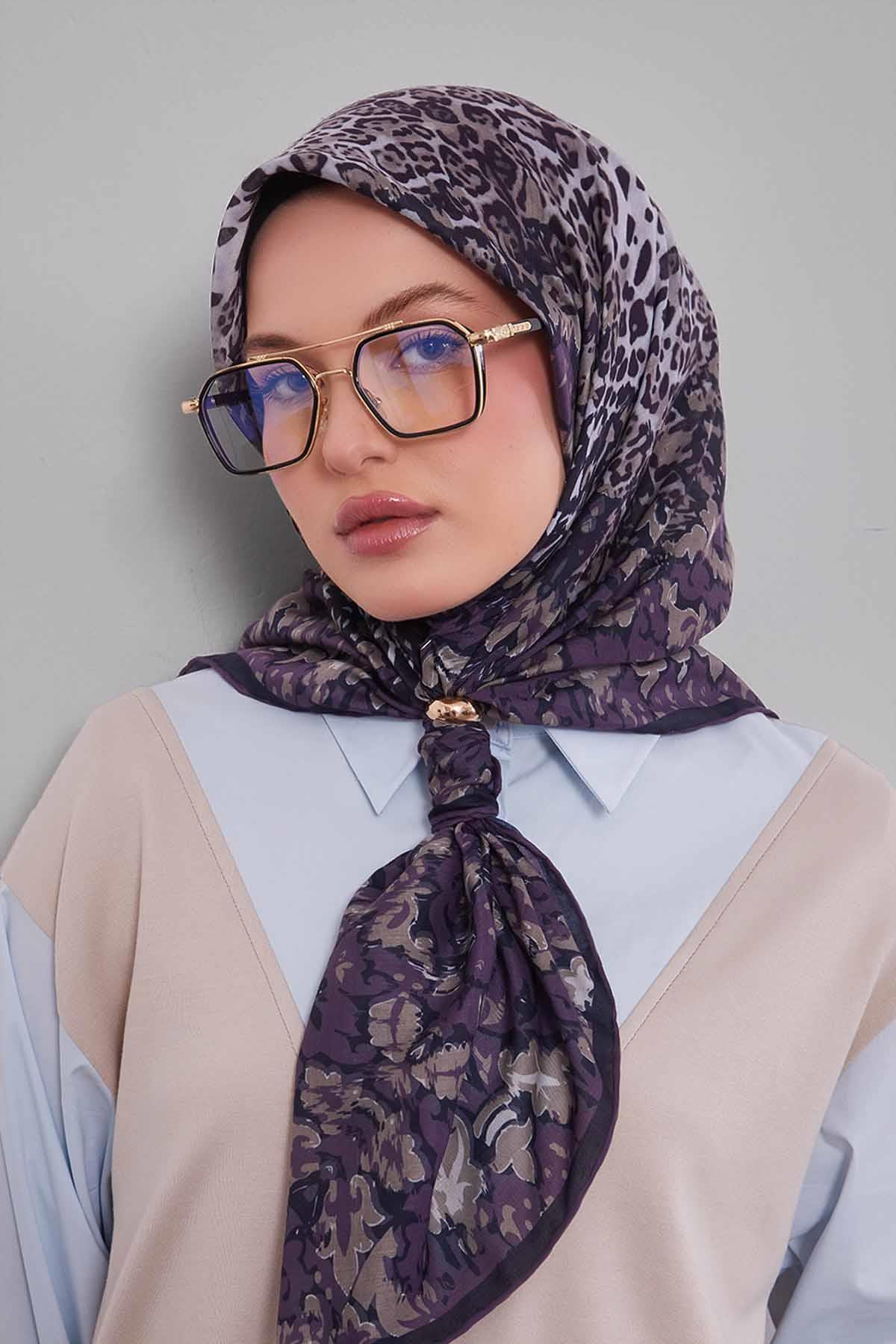 Fivescarf Mor Karışık Leopar Desen Silk Coton Eşarp