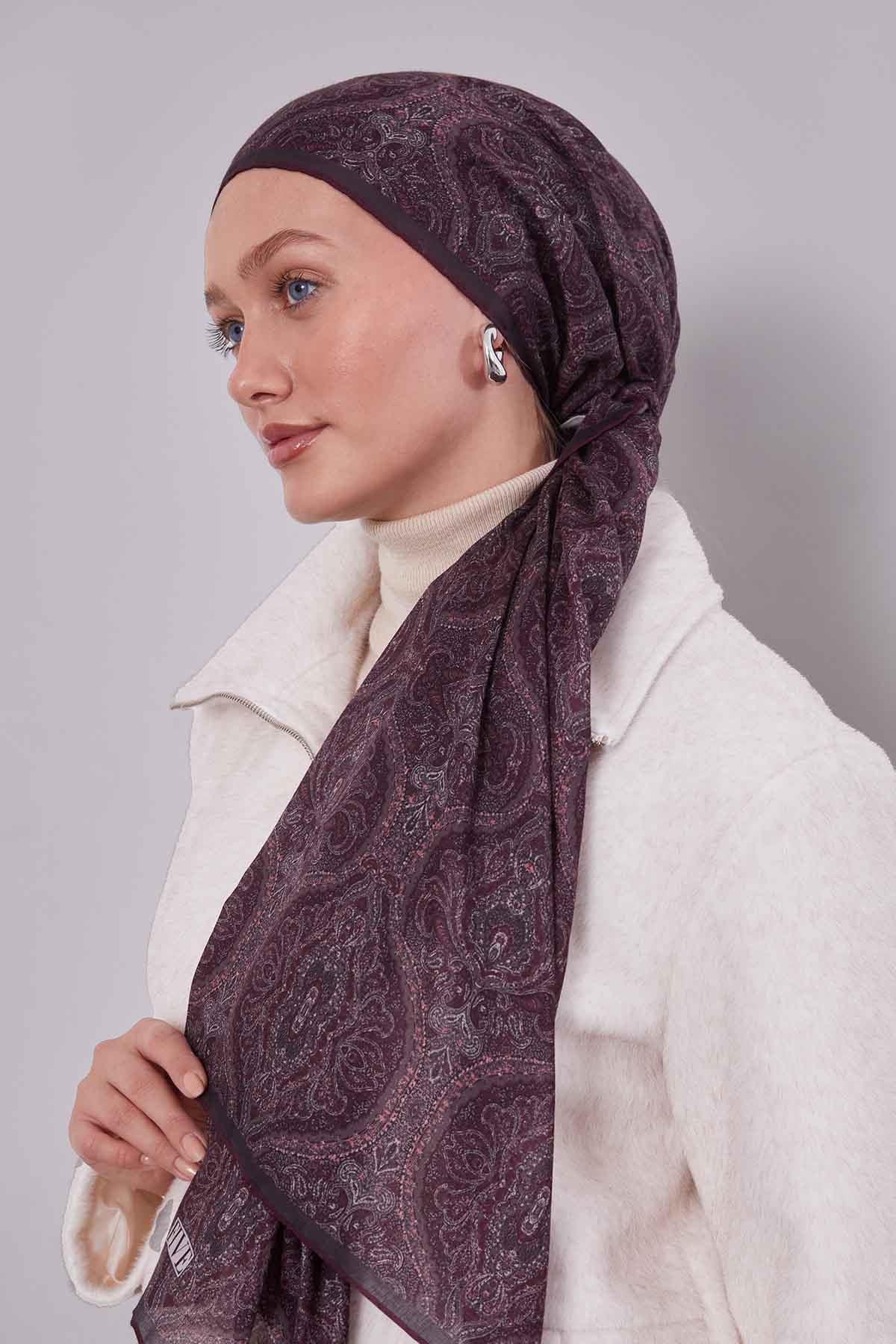 Fivescarf Mürdüm Çini Desen Silk Coton Eşarp