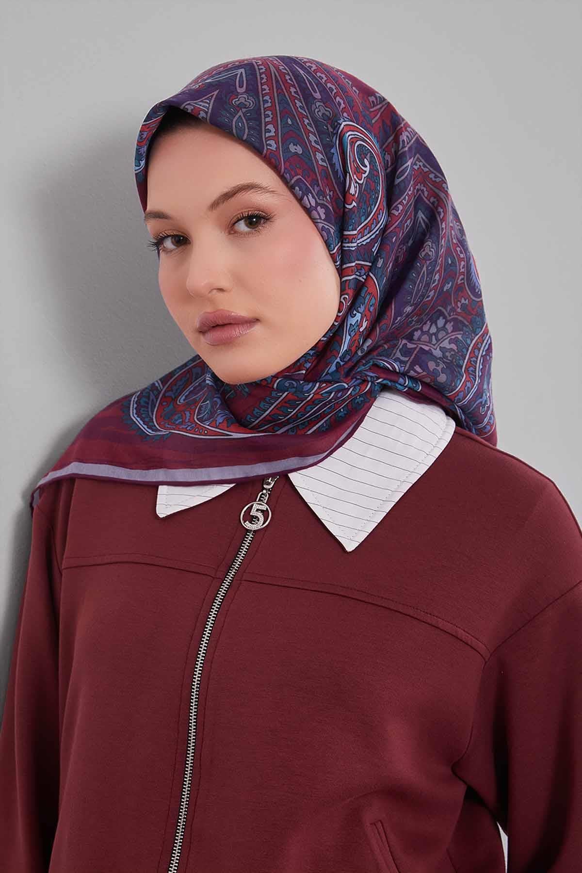 Fivescarf Mürdüm Ebruli Desen Silk Coton Eşarp
