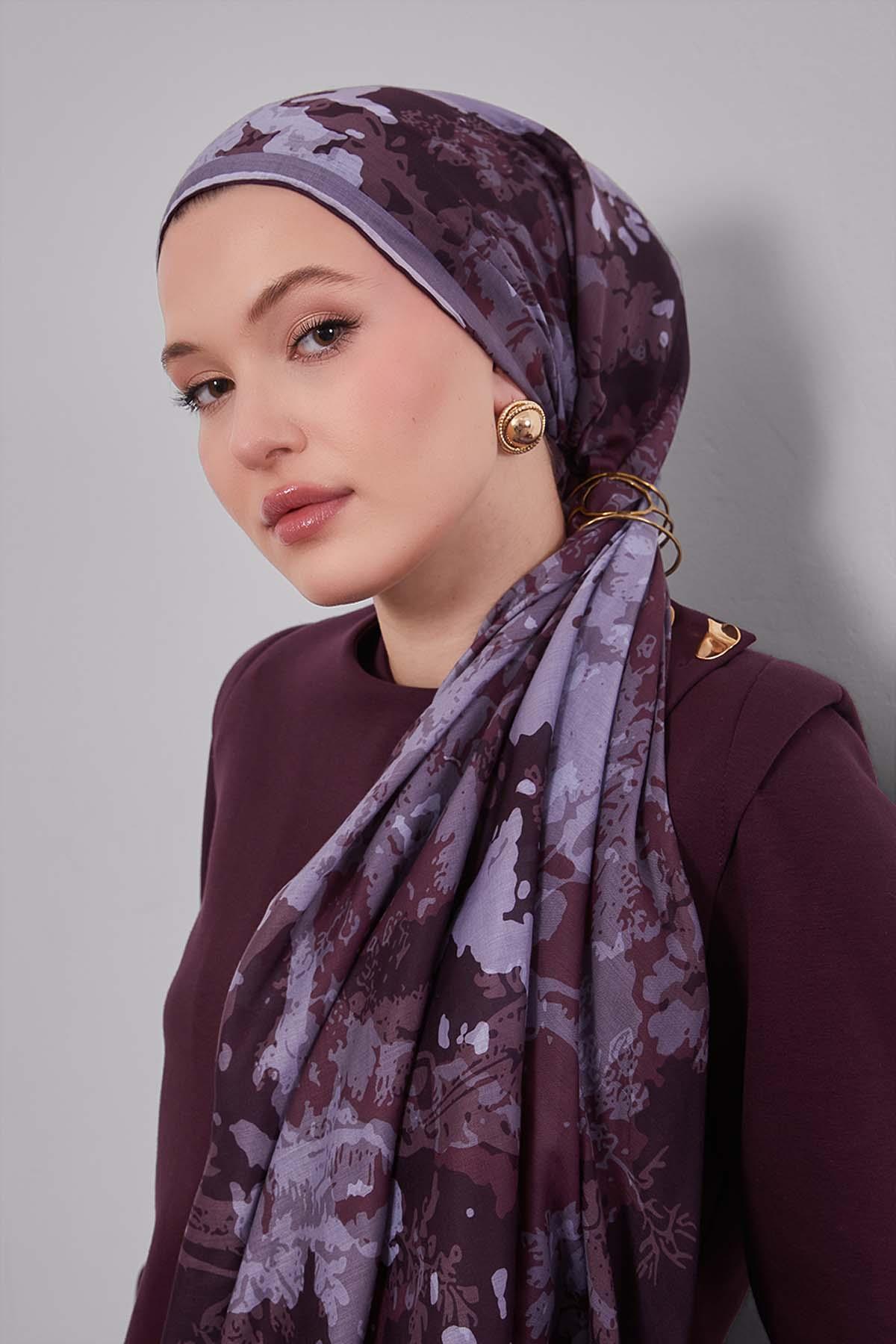 Fivescarf Mürdüm Karışık Desen Silk Coton Eşarp