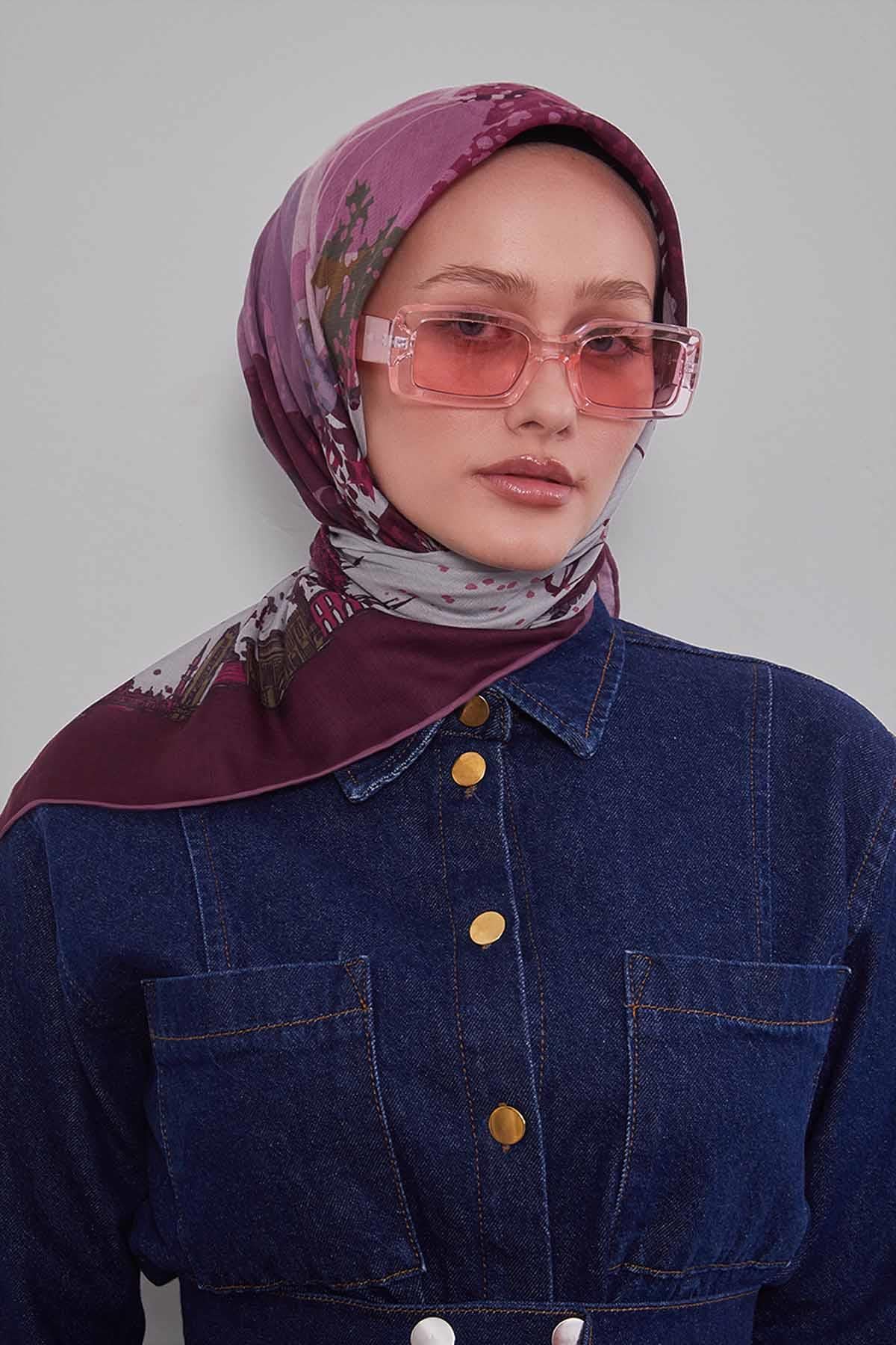 Fivescarf Mürdüm Manzara Desen Silk Coton Eşarp