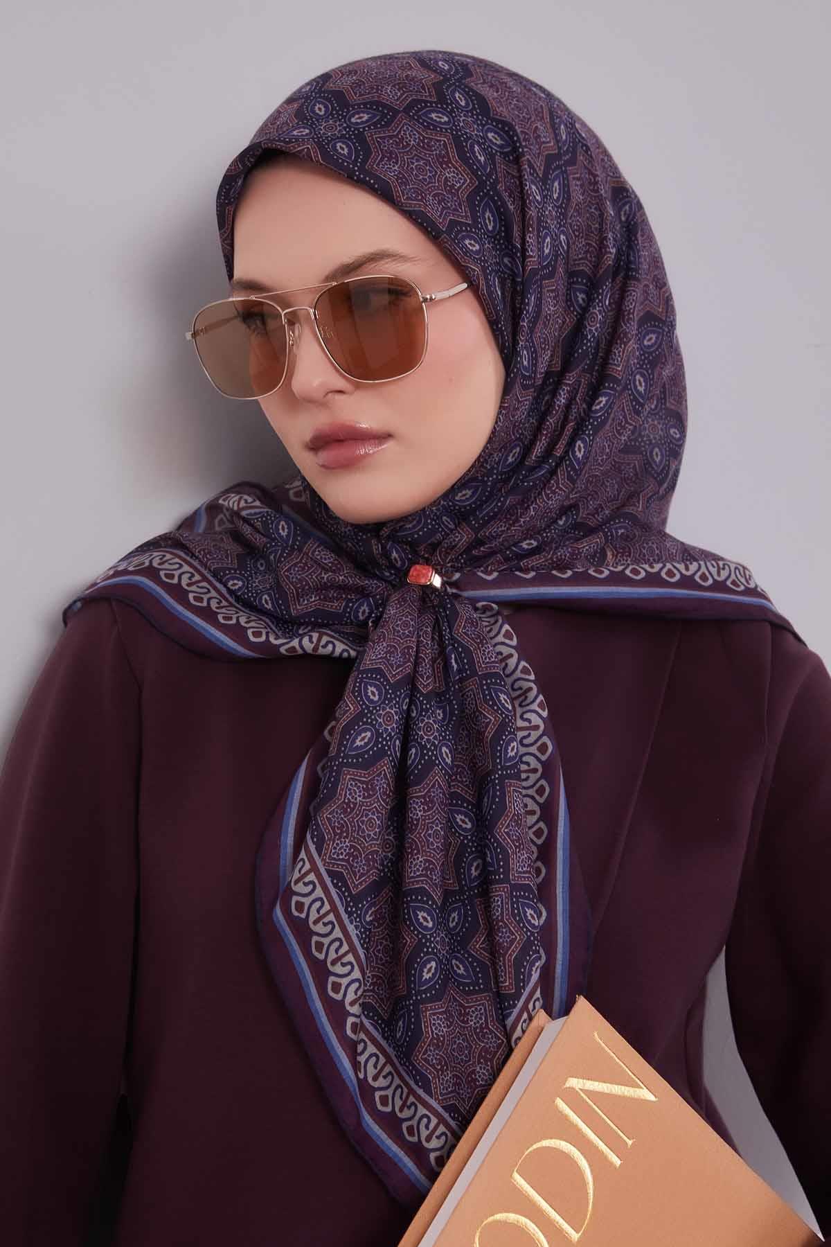 Fivescarf Mürdüm Motif Desen Silk Coton Eşarp
