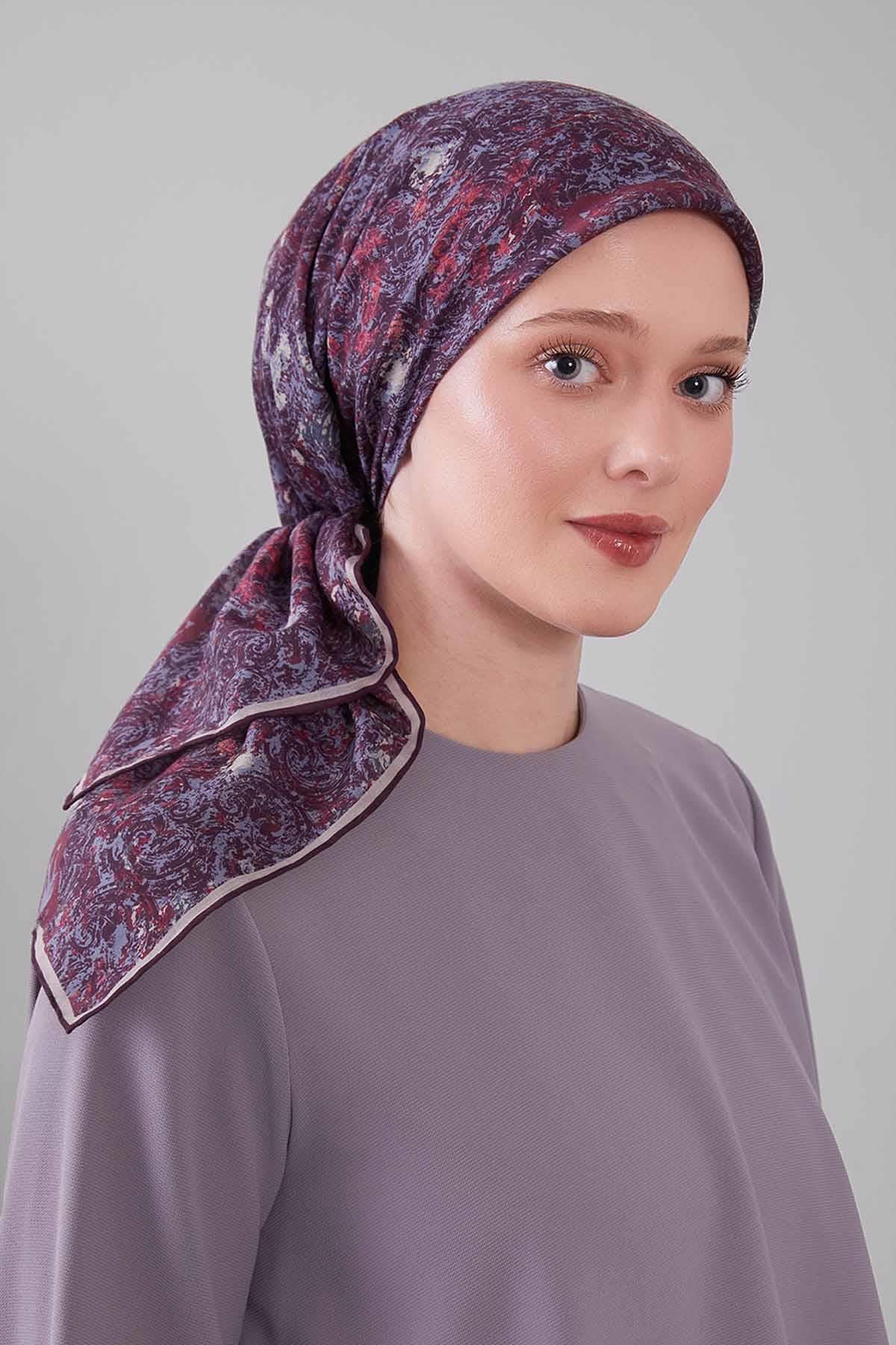 Fivescarf Mürdüm Retro Çiçek Desen Silk Coton Eşarp