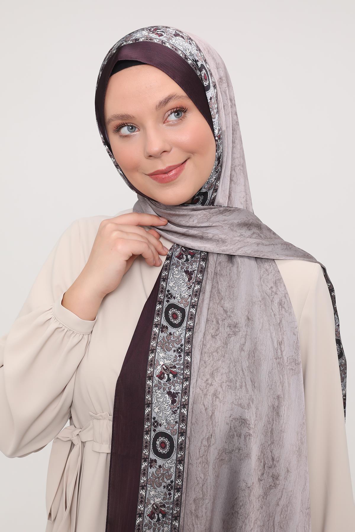 Fivescarf Mürdüm Şeritli Etnik Desen Brand Şal