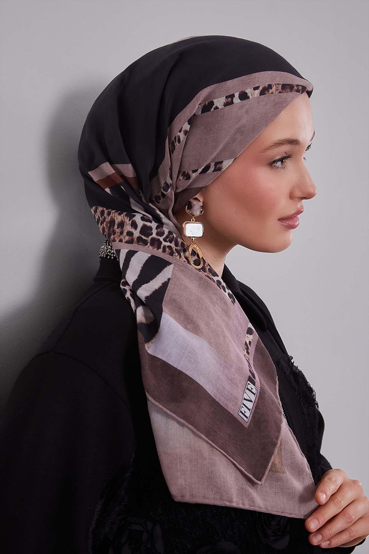 Fivescarf Nude Kenar Leopar Desenli Slik Coton Eşarp