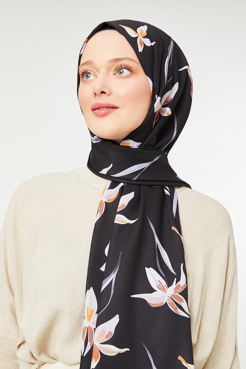 Fivescarf Oranj Çiçek Baskılı Mono Krep Şal