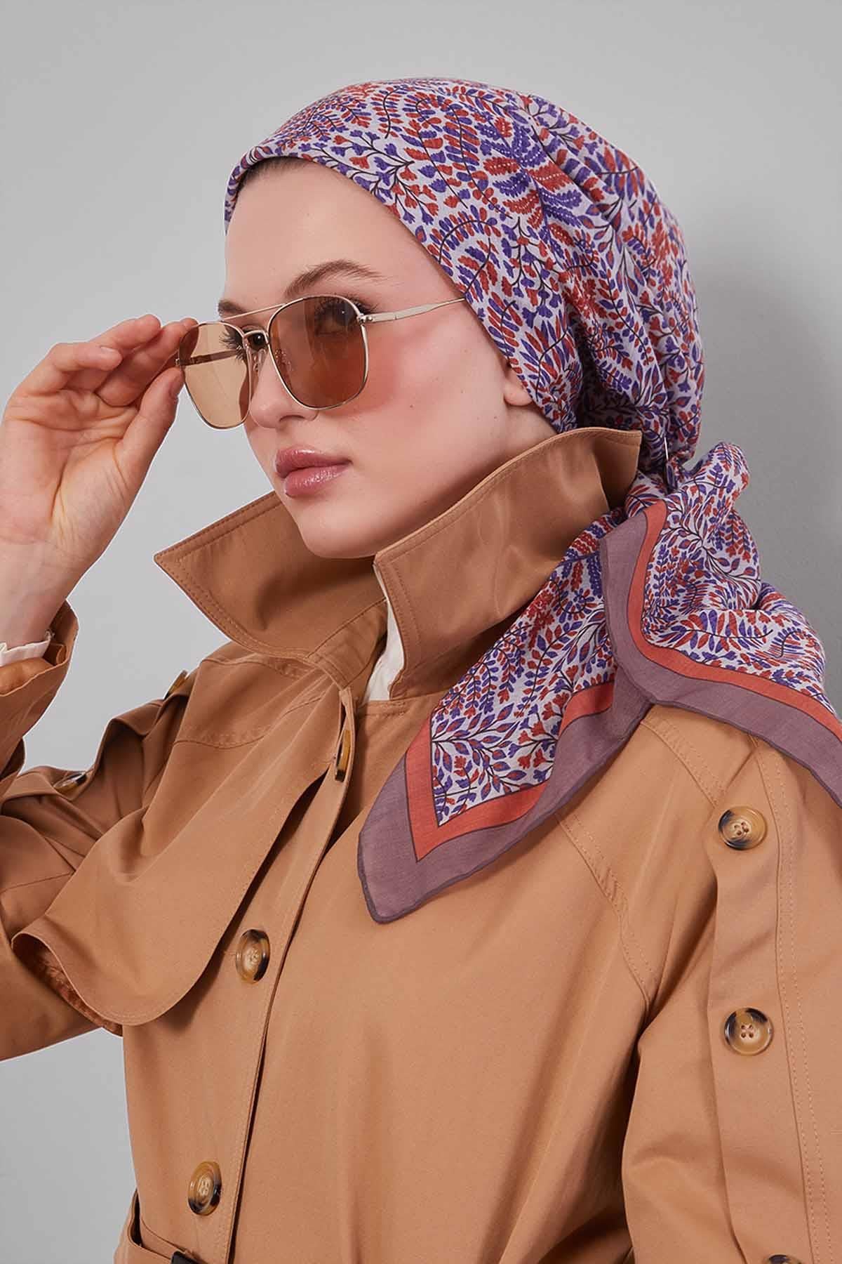 Fivescarf Oranj Mini Yaprak Desen Silk Coton Eşarp