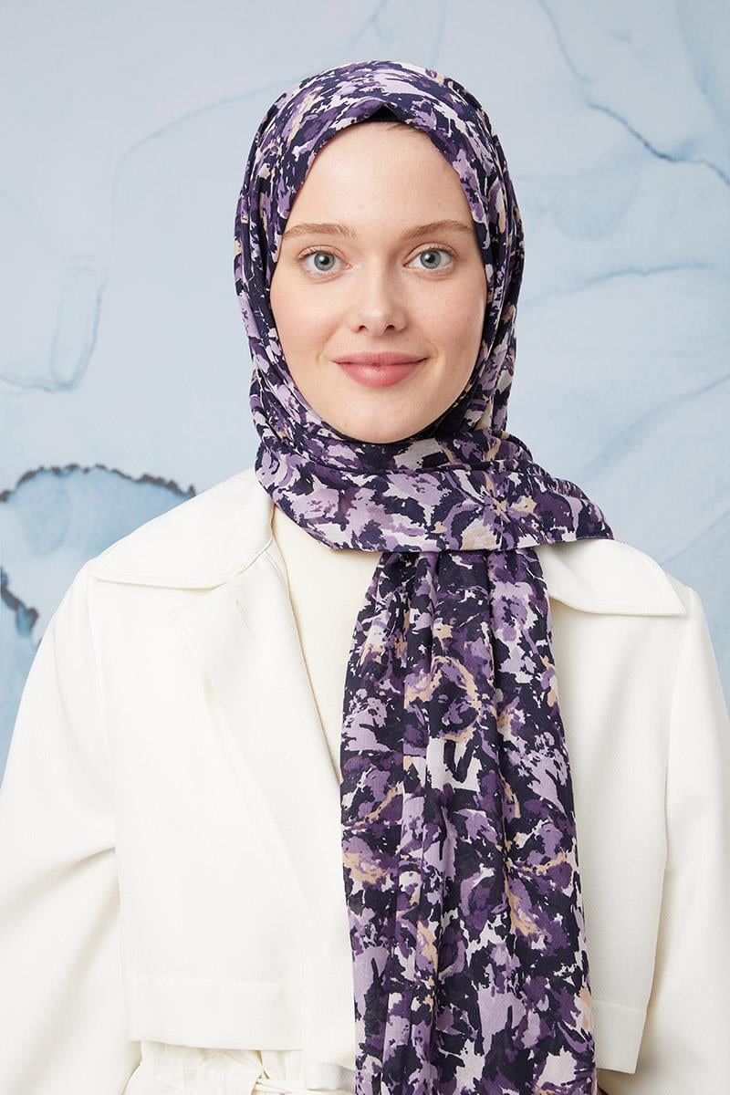 Fivescarf Patlıcan Moru Desenli Cotton Şal