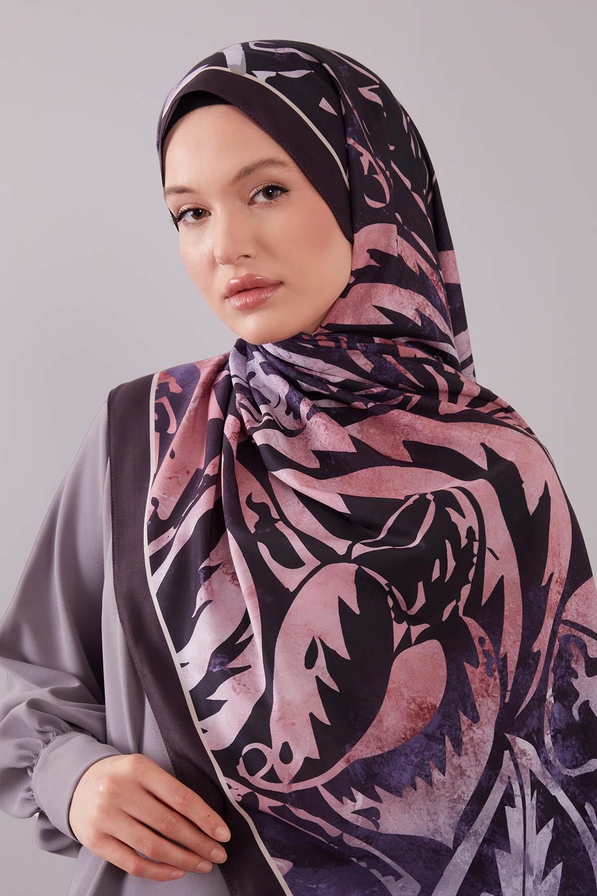 Fivescarf Patlıcan Moru Geometrik Desen Moos Chrep Şal