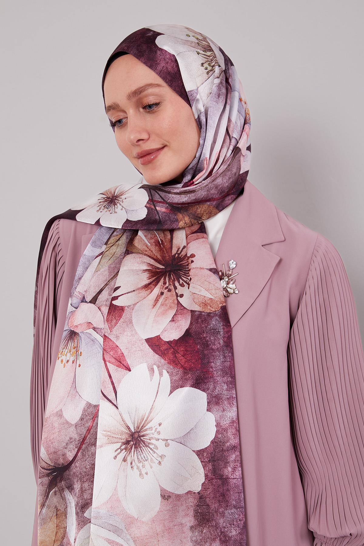 Fivescarf Patlıcan Moru Lale Desen Vual İpek Şal