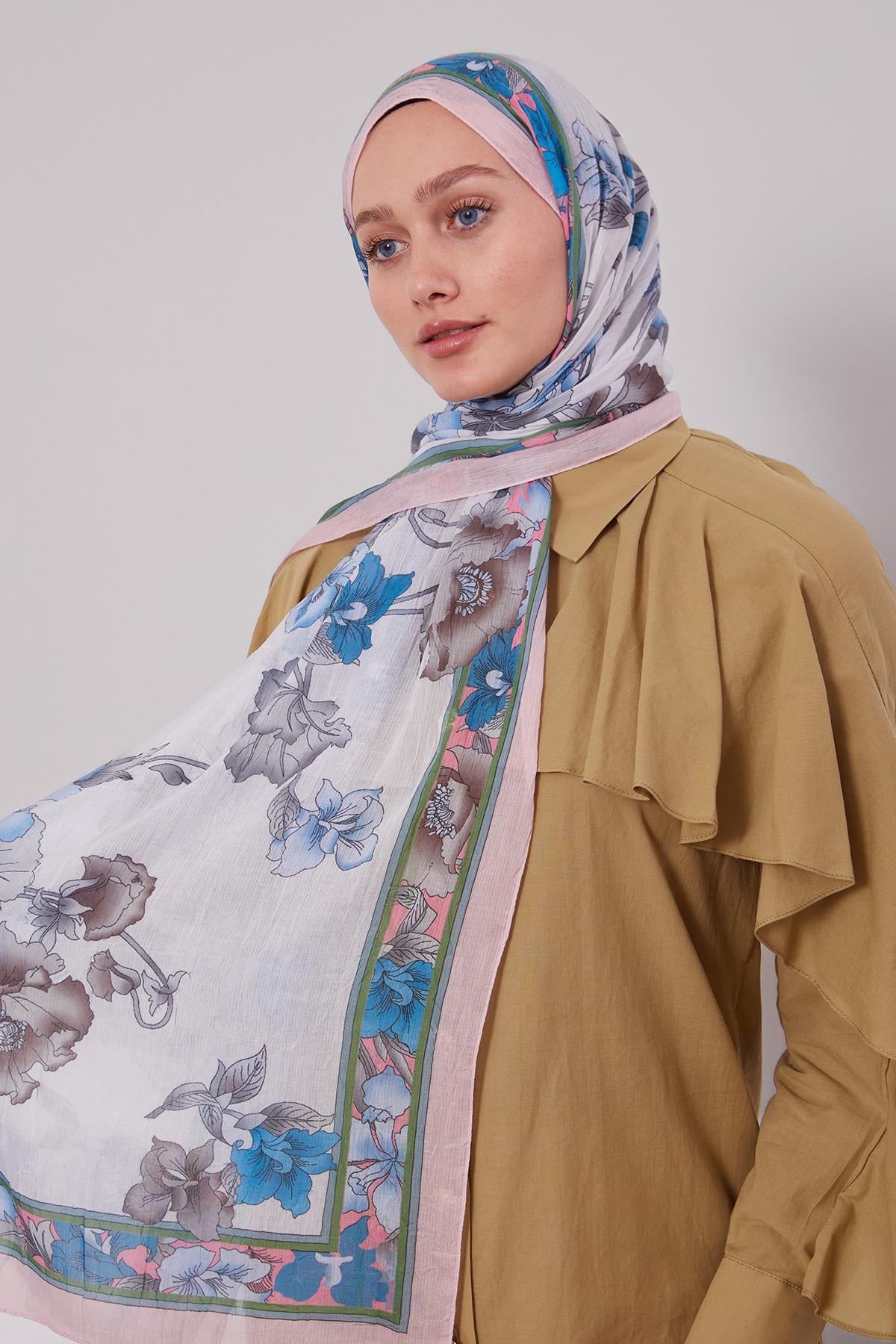 Fivescarf Pembe Kenar Çiçek Desenli Craze Comfort Şal
