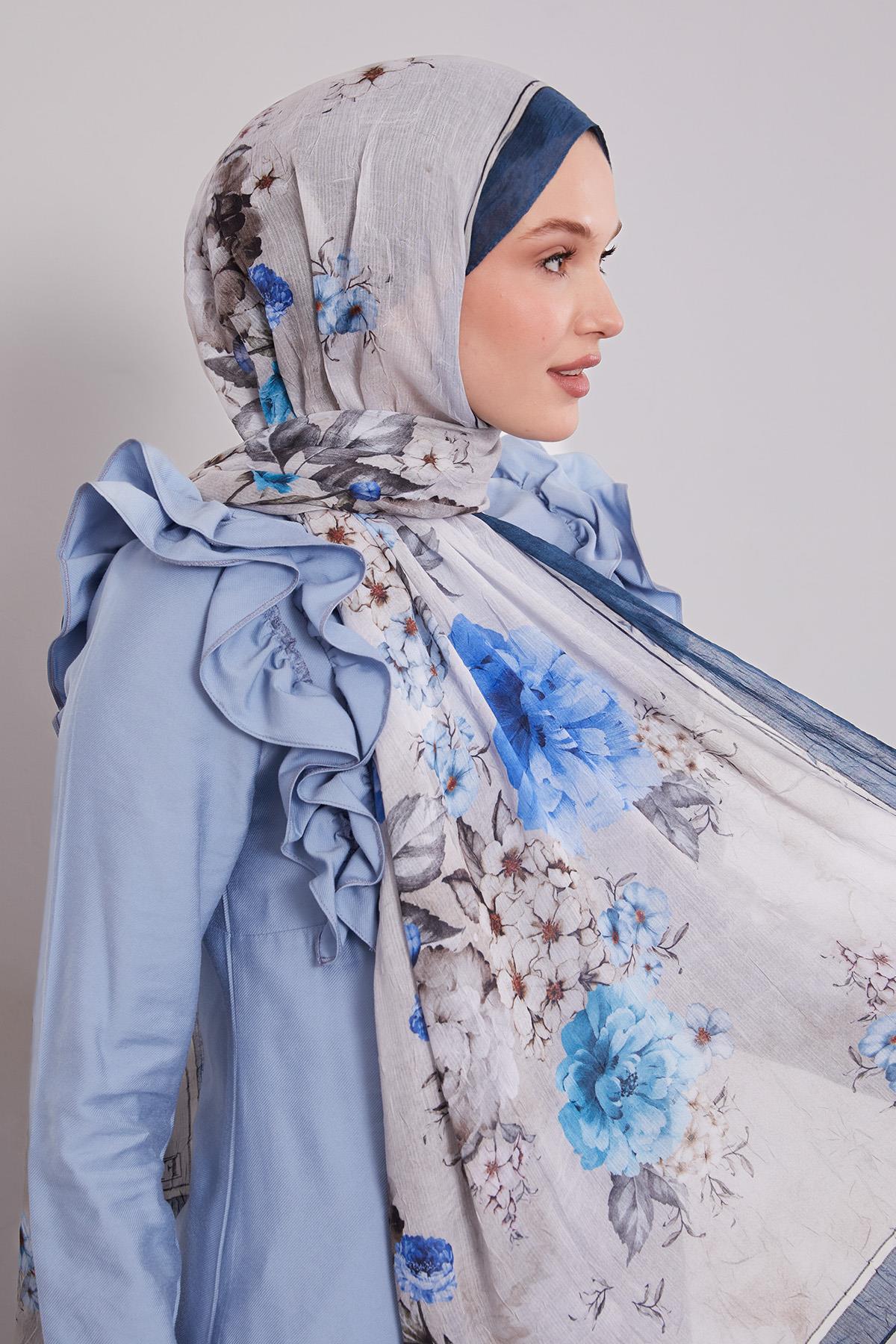 Fivescarf Petrol Mavi Çicekli Craze Comfort Şal