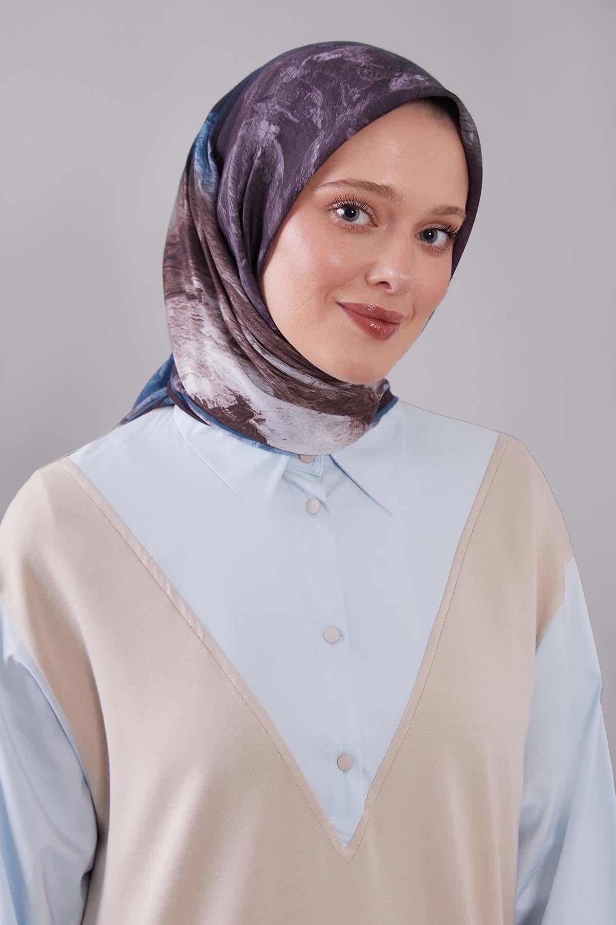 Fivescarf Petrol Mavi Dalga Desen Silk Coton Eşarp