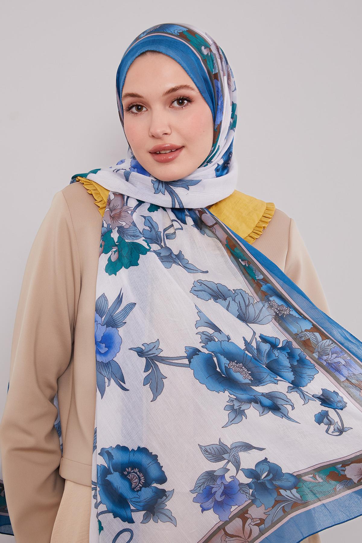 Fivescarf Petrol Mavi Kenar Çiçek Desenli Craze Comfort Şal
