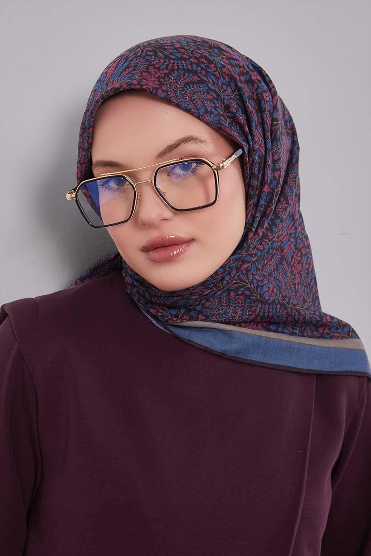 Fivescarf Petrol Mavi Mini Yaprak Desen Silk Coton Eşarp