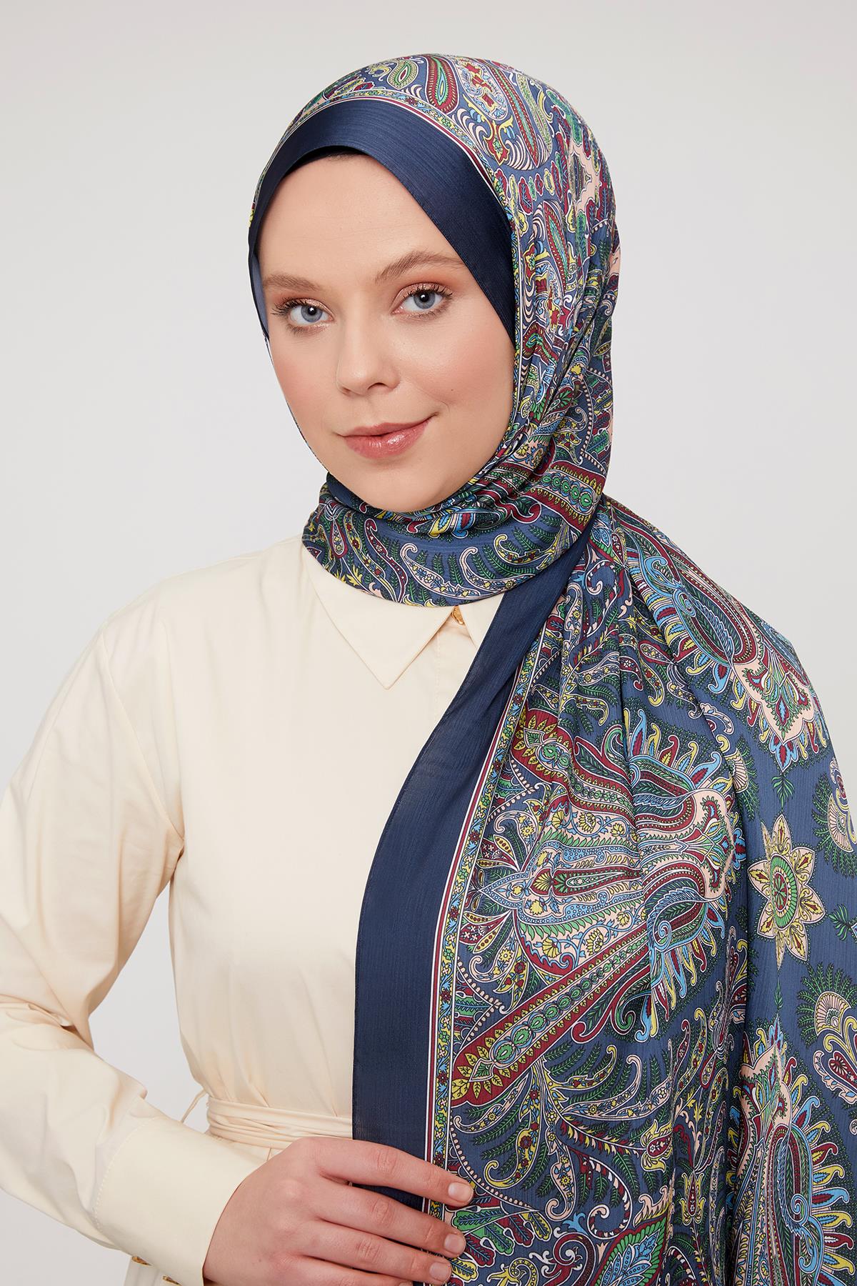 Fivescarf Petrol Mavi Motif Desen Brand Şal