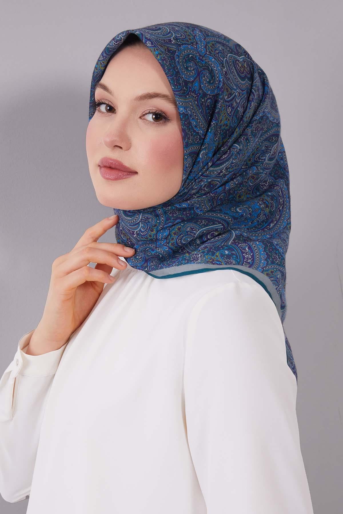 Fivescarf Petrol Yeşili Etnik Desen Silk Cotton Eşarp