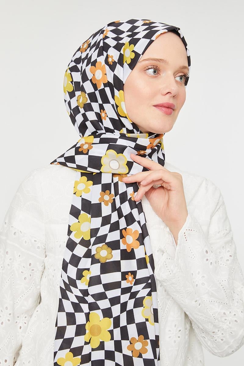 Fivescarf Safran Çiçek Desen Mono Krep Şal