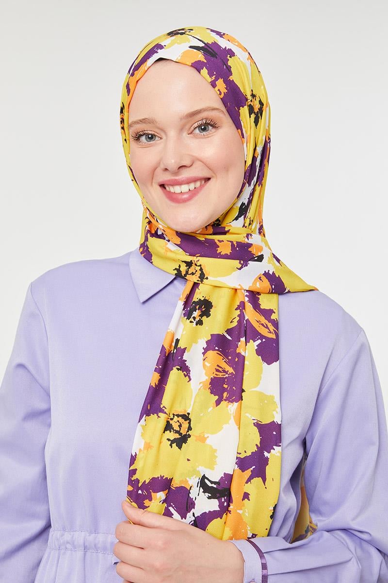 Fivescarf Sarı Büyük Çiçek Desenli Mono Şal