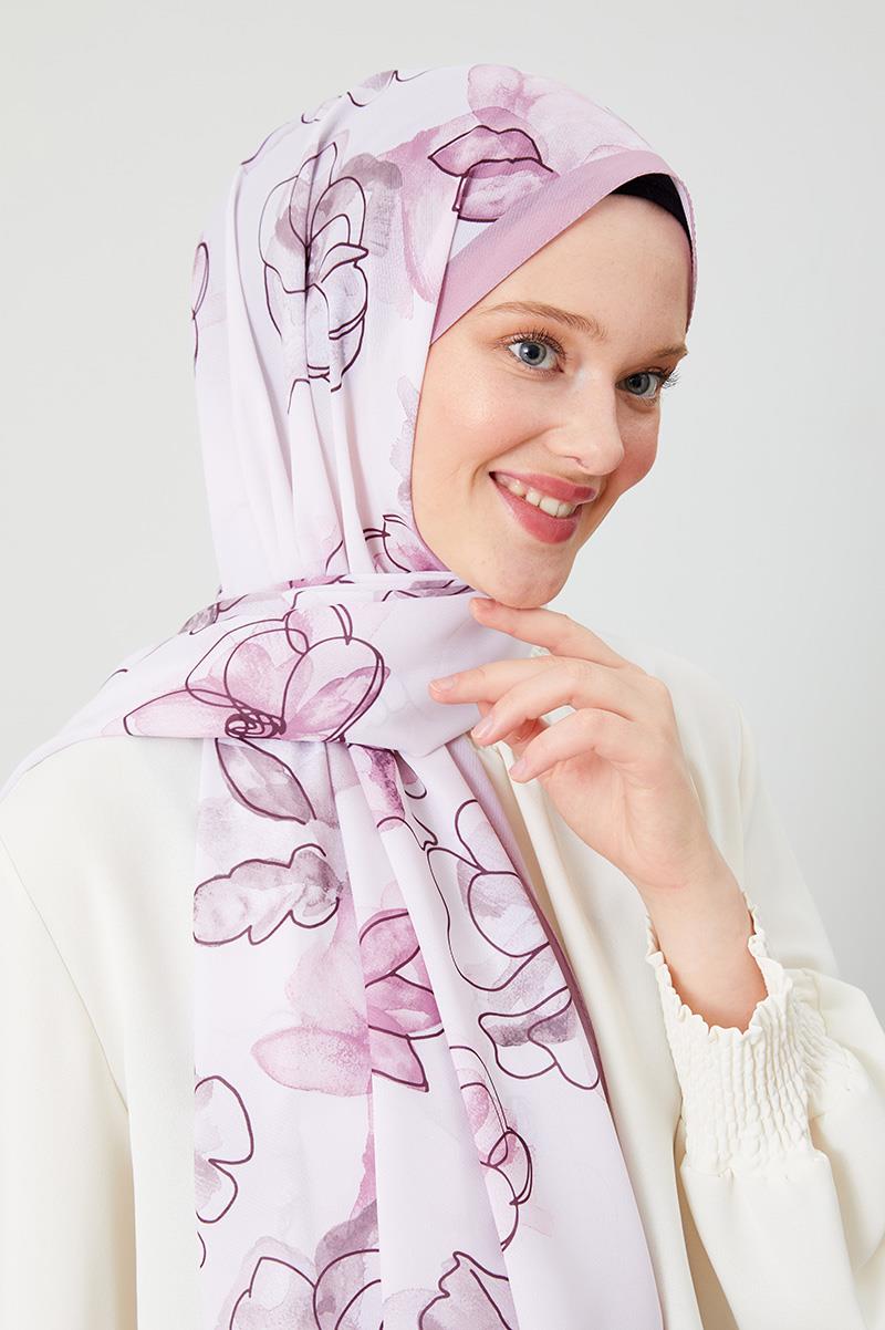 Fivescarf Şeker Pembe Gül Desen Violet Medine İpeği Şal