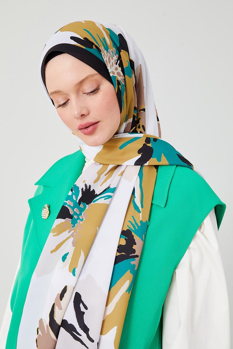 Fivescarf Siyah Açelya Desen Violet Medine İpeği Şal