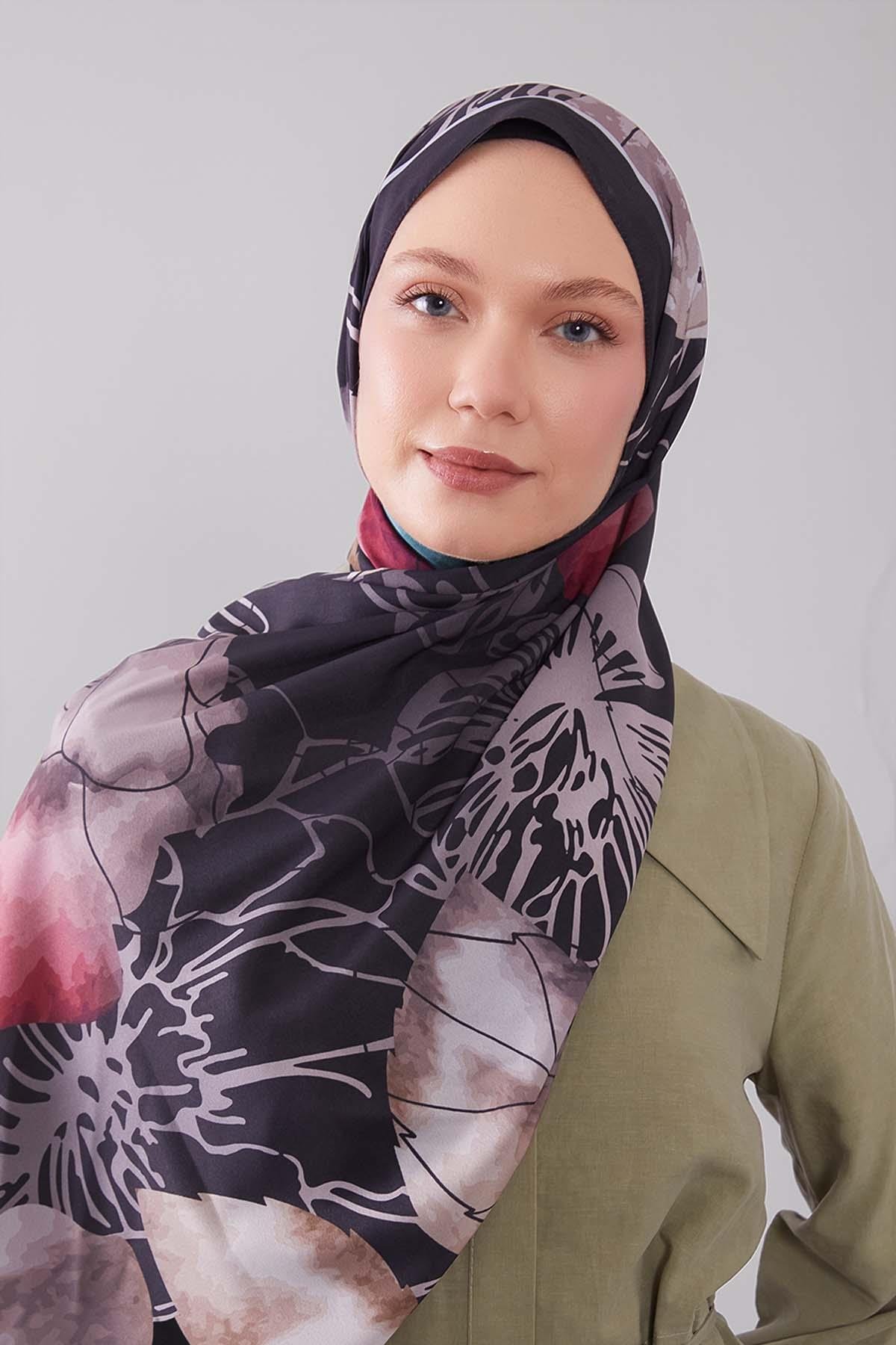 Fivescarf Siyah Akvarel Yaprak Desen Moos Chrep Şal