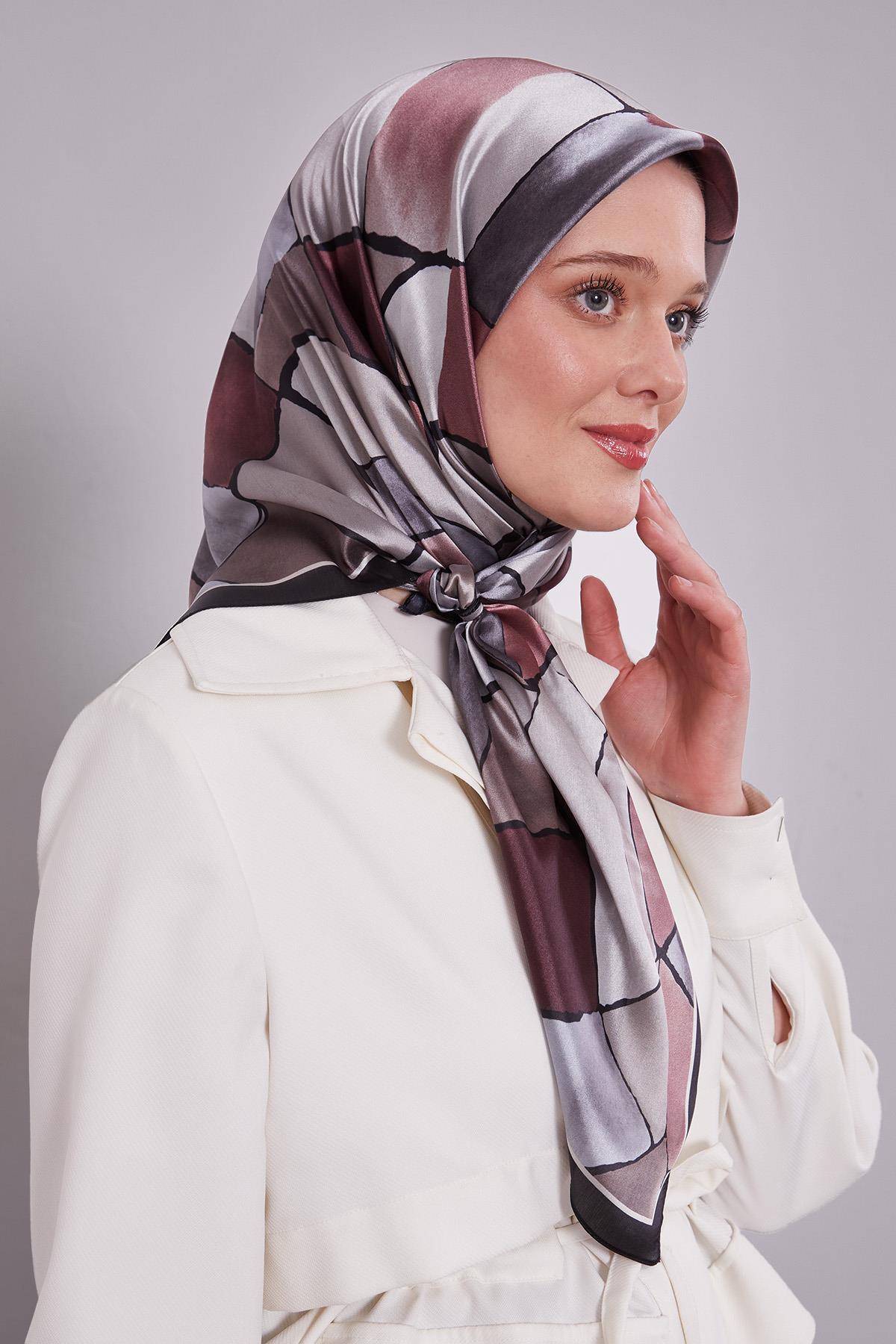 Fivescarf Siyah-Bakır Geometrik Desen Kristal Eşarp