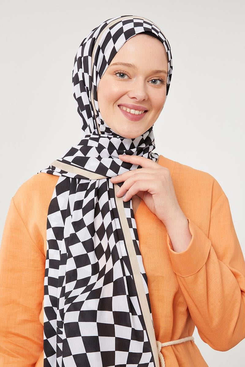 Fivescarf Siyah-Beyaz Dama Desen Mono Krep Şal