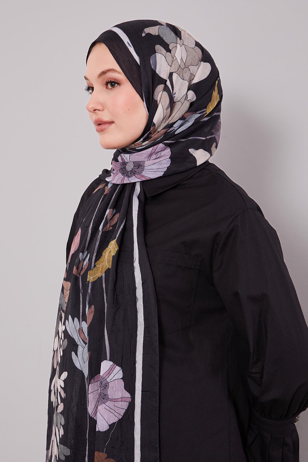 Fivescarf Siyah Büyük Çiçek Desenli Craze Comfort Şal