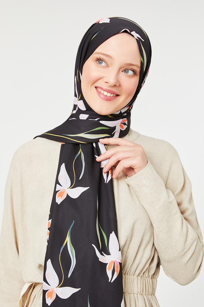 Fivescarf Siyah Çiçek Baskılı Mono Krep Şal