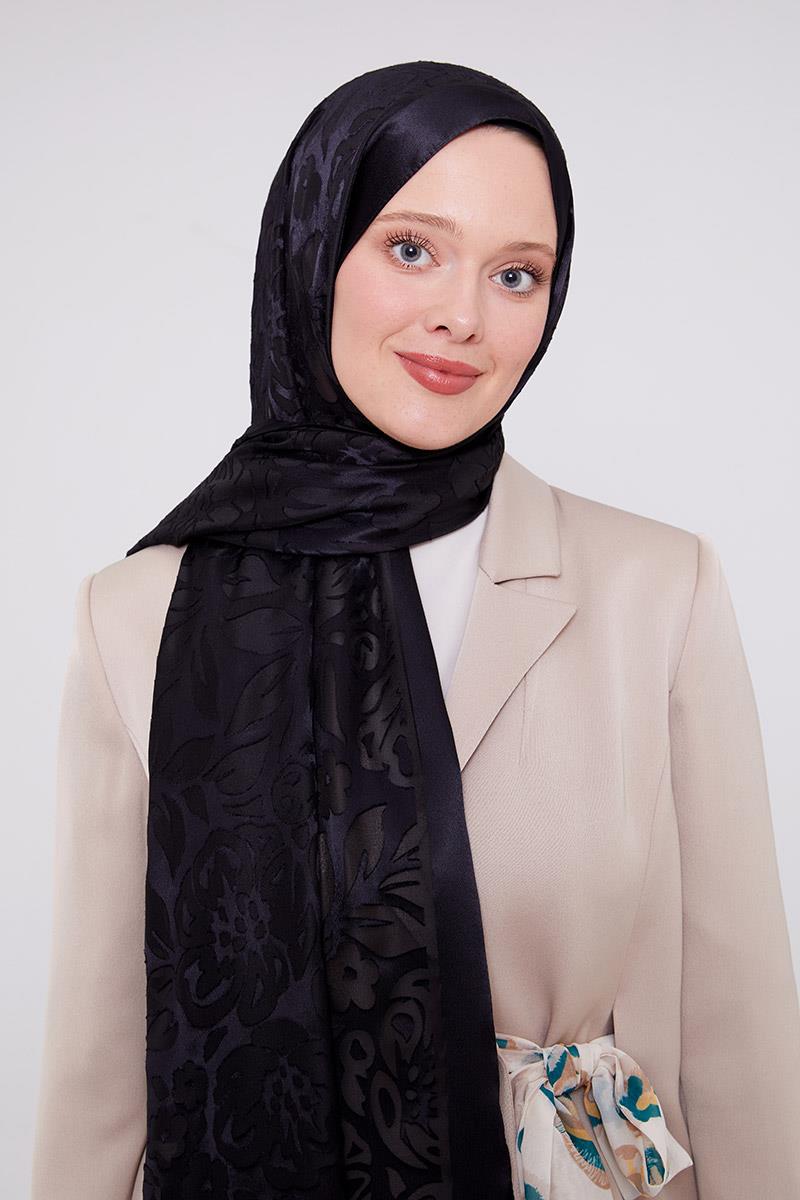 Fivescarf Siyah Çiçek Desen Deluxe Devore Şal