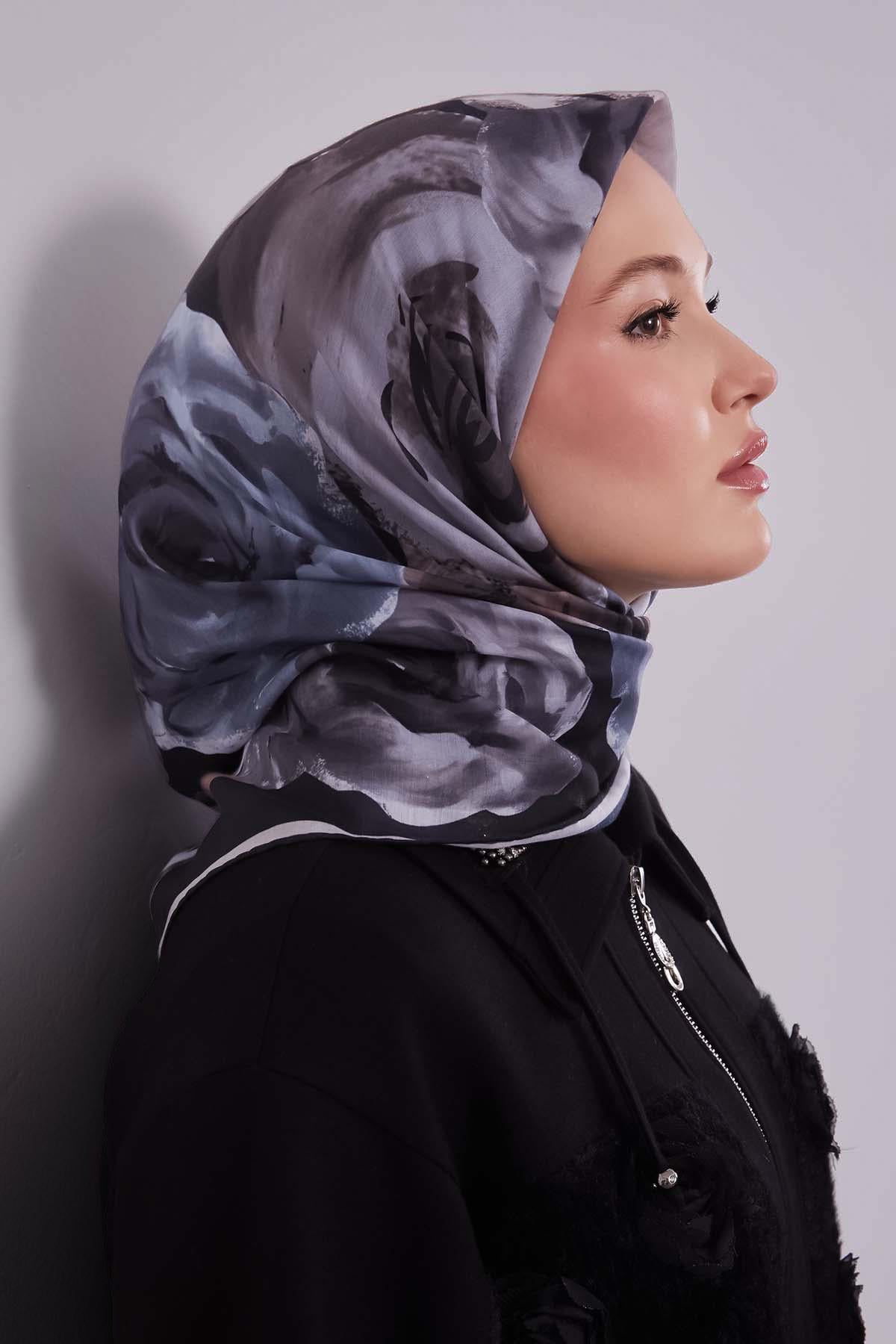 Fivescarf Siyah Çiçek Desen Slik Coton Eşarp