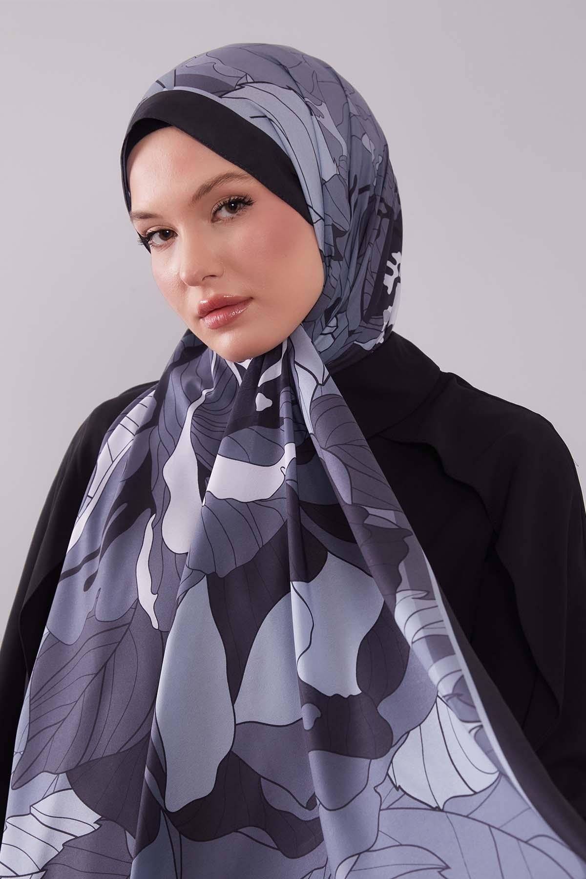 Fivescarf Siyah Çiçekli Floral Desen Moos Chrep Şal
