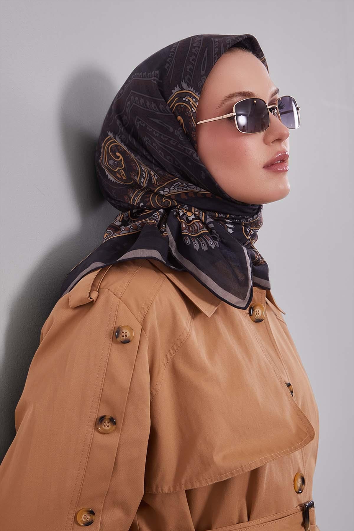 Fivescarf Siyah Ebruli Desen Silk Coton Eşarp