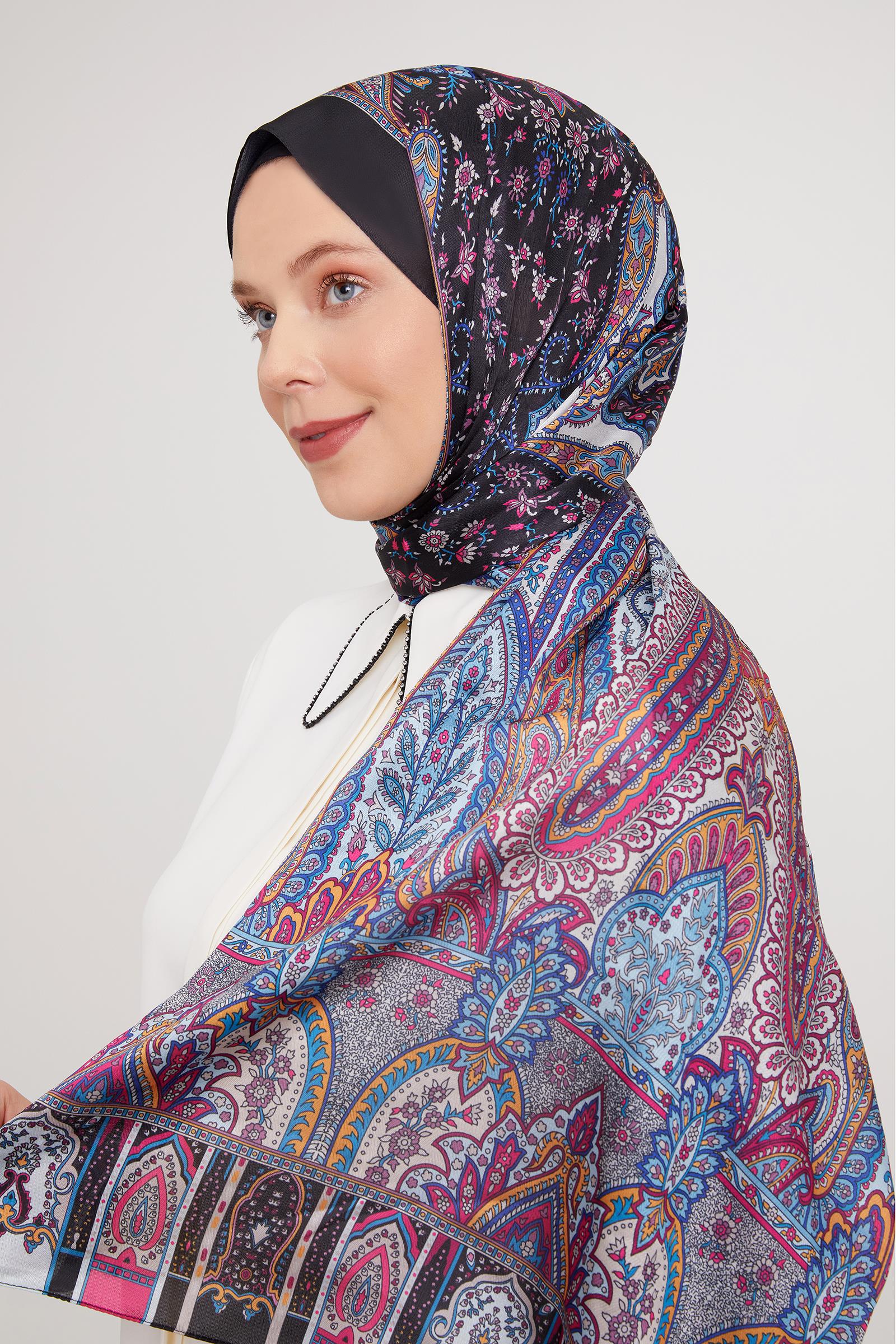 Fivescarf Siyah-Fuşya Etnik Desen Vual İpek Şal