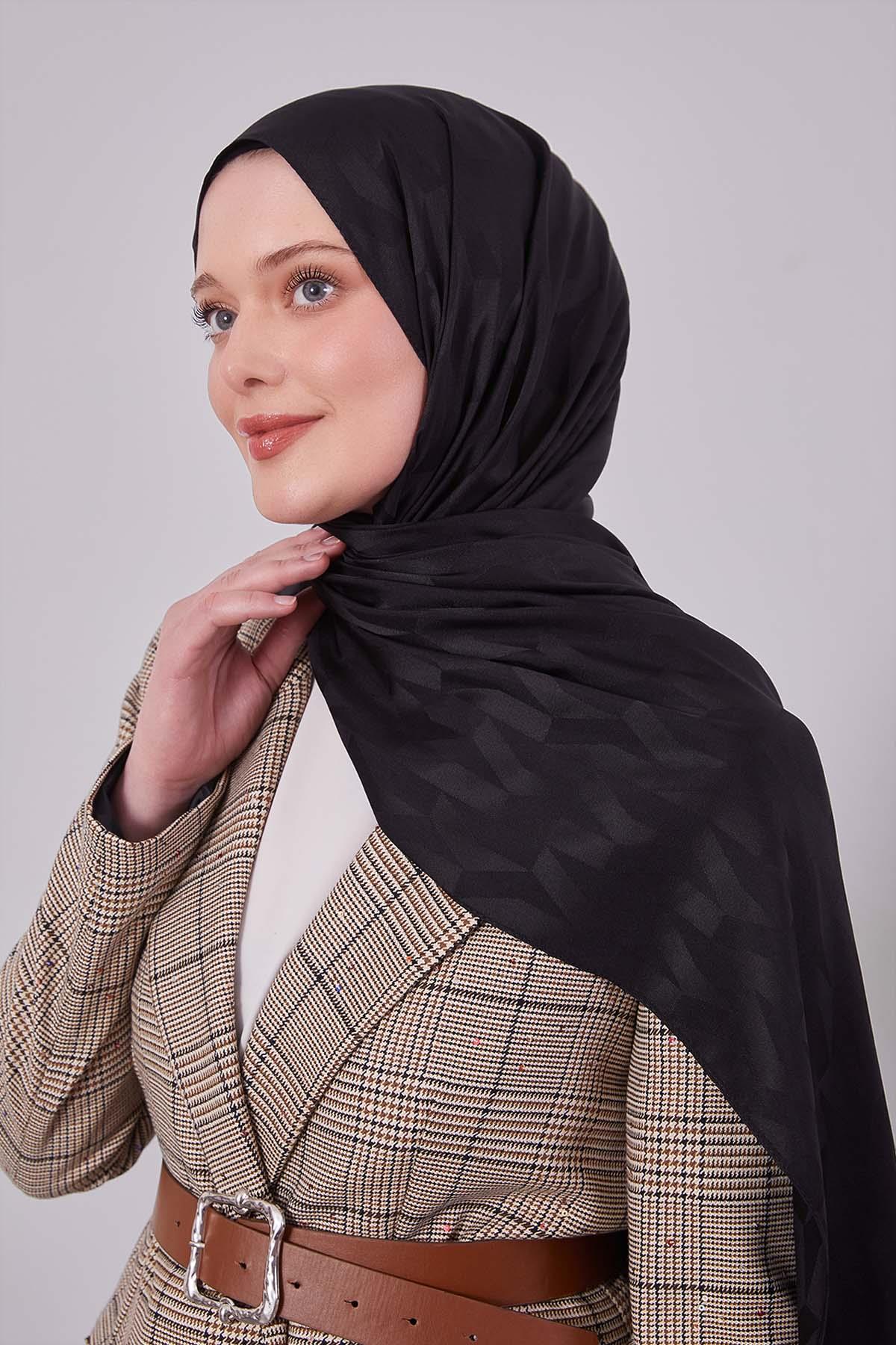 Fivescarf Siyah Geometrik Desen Jakar Şal