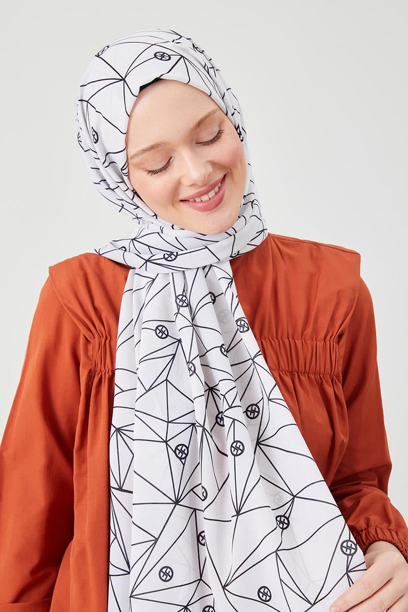 Fivescarf Siyah Geometrik Desen Violet Medine İpeği Şal