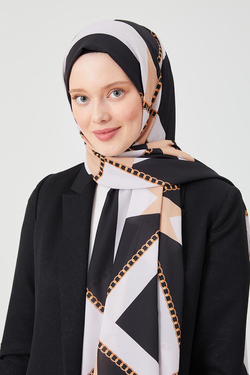 Fivescarf Siyah Halka Desen Violet Medine İpeği Şal