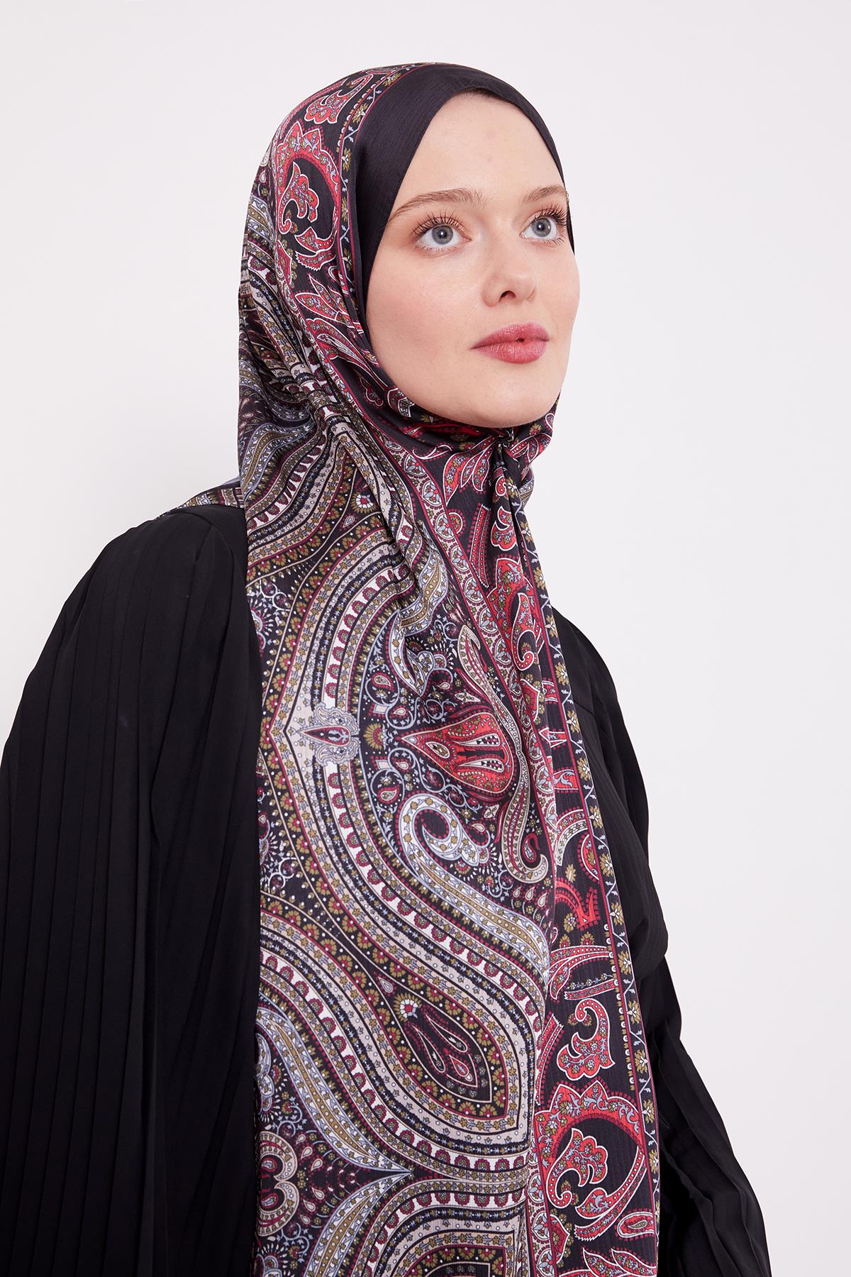 Fivescarf Siyah-Kırmızı Etnik Desen Brand Şal