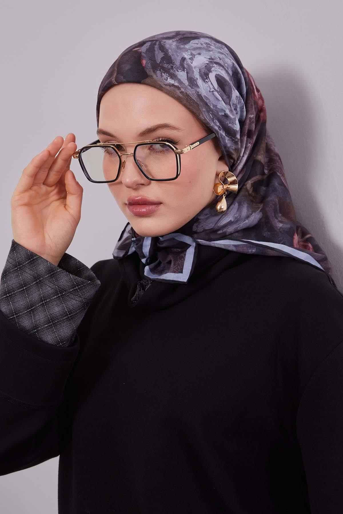 Fivescarf Siyah Lale Desen Silk Coton Eşarp