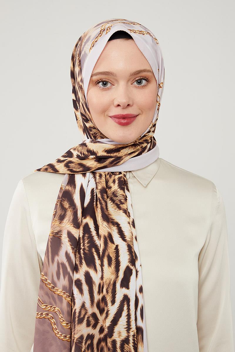 Fivescarf Siyah Leopar Desen Violet Medine İpeği Şal