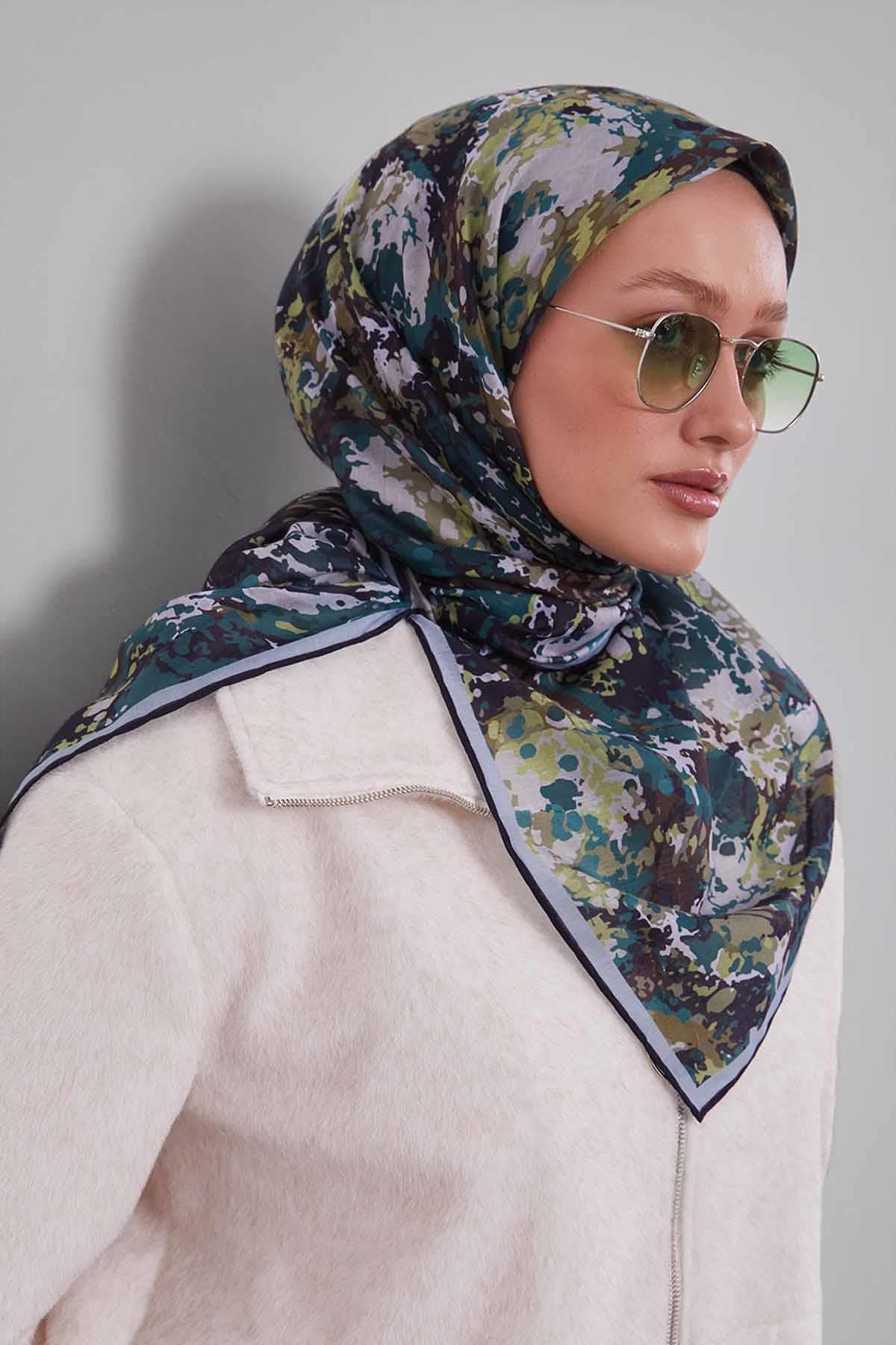Fivescarf Siyah-Mavi Damla Desen Silk Coton Eşarp